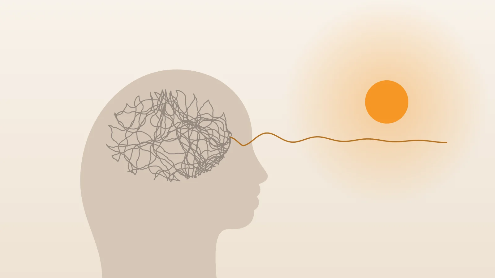 Illustration : silhouette de tête remplie de pensées emmêlées, dont un fil se déroule en une ligne apaisée vers un soleil orange